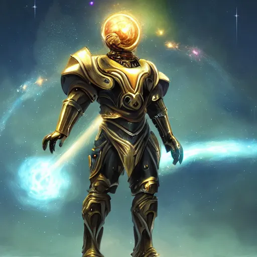 Image similar to photorealistic fantasy cosmic concept art of a cosmic god with armor made out of planets and dark matter, hovering in a unknown galaxy, fully body portrait, cinematic, dynamic lighting, ultra detailed, creative, trending on art station, creative