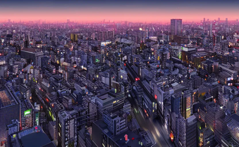 Image similar to 3 d render of tokyo city from a rooftop view, sunset lighting, unreal engine, hyper realism, realistic shading, cinematic composition, blender render, octane render, hdr, detailed textures, photorealistic, ultrawide shot, 1 6 mm lens