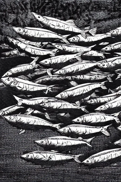 Image similar to a beautiful wood engraving on paper of a school of mackerel, 8 k, frostbite 3 engine, cryengine, dof, trending on artstation, digital art, crepuscular ray