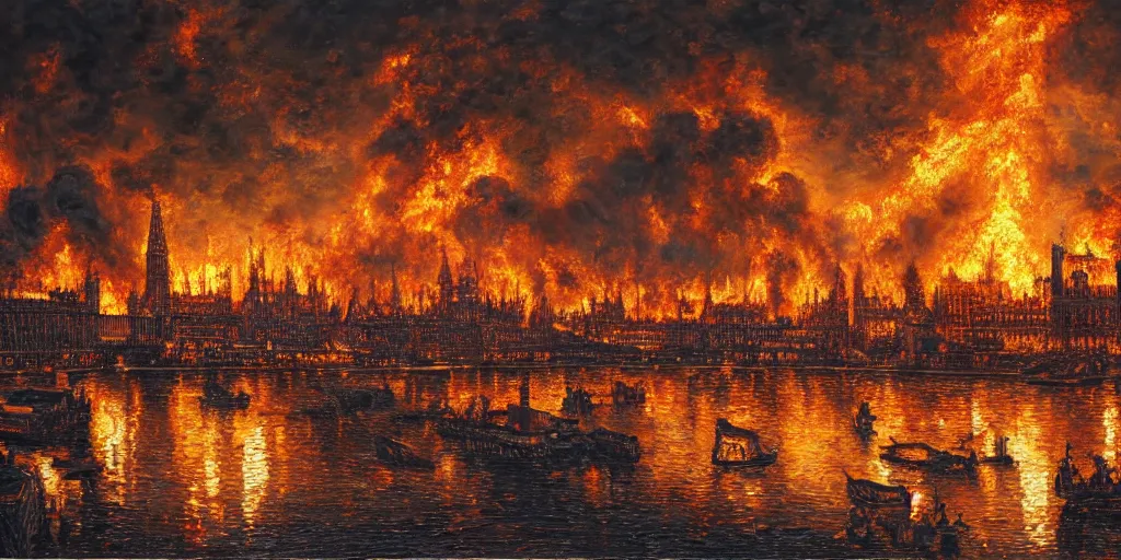 Image similar to oil painting landscape great fire of london, high production value, intricate details, high resolution, hdr, high definition, masterpiece, realistic, ultrarealistic, highly detailed, hd, sharp focus, non blurry, sharp, smooth