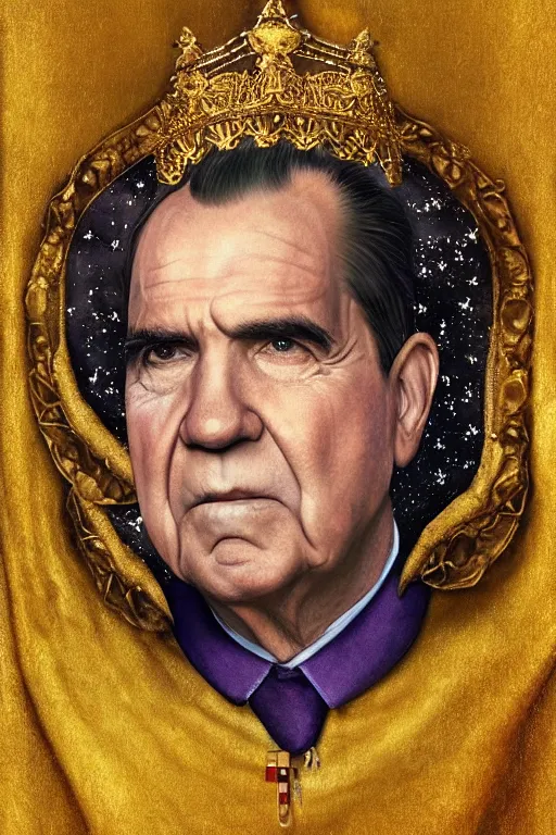 Prompt: “A majestic portrait of Richard Nixon with a crown sitting in a gold throne,johannes voss,titian, Tom Bagshaw, Sam Spratt, maxfield parrish, gustav klimt , cinematic, hyper realism, high detail, 8k, intricate, gold green and purple colors”