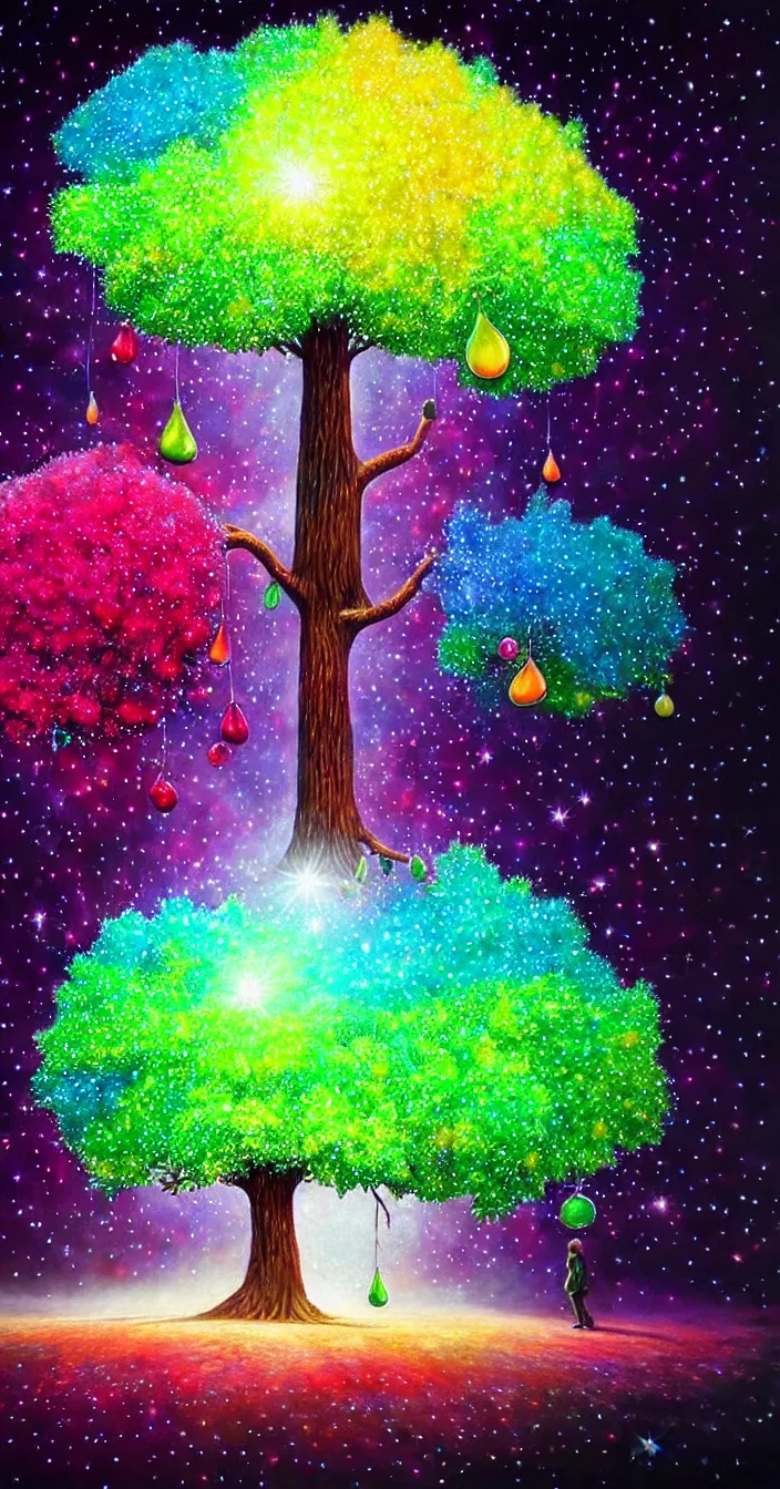 Prompt: realistic photo of big tree giving colorful diamonds as fruits, dark night background, very sharp focus, in the style of greg rutswoski, very hyper realistic, highly detailed, fantasy art station