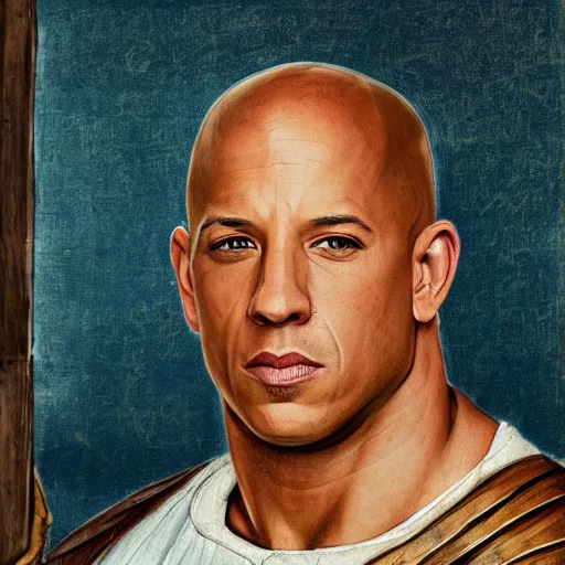 Image similar to Medieval painting of Vin Diesel. Dramatic. High resolution. Highly detailed. Art station. 8k