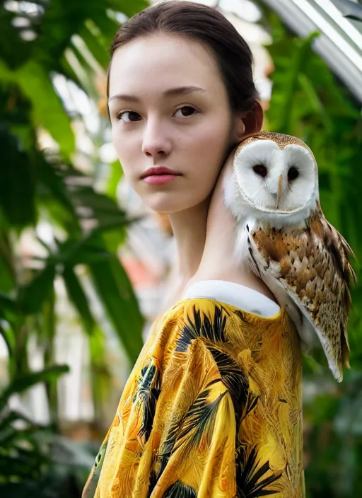Image similar to portrait photograph of beautiful young female model, symmetric face, symmetric eyes, slight smile, natural light, wearing a yellow kimono with a very detailed barn owl on her shoulder!!! in a tropical greenhouse. looking at the camera!!. super resolution. Extremely detailed. Masterpiece!! .Graflex camera, bokeh.