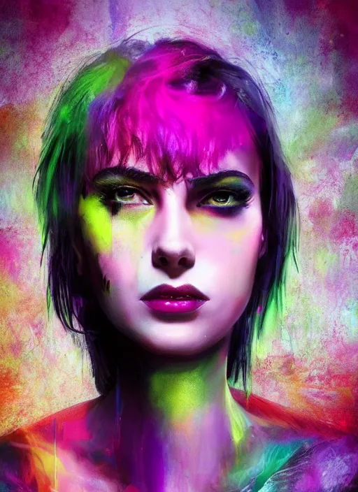 Image similar to a photo of 8 k ultra realistic a black haired female in high heels and a black leather jacket, pink, purple, green, yelow, red, blue, white neon, art by lise deharme