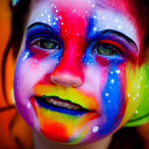 Prompt: a portrait of a abstract girl who has face - painting like a clown smiling creepily. depth of field. lens flare