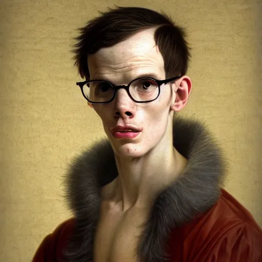 Prompt: A 17th century Baroque Painting of iDubbbz, grainy, realistic, hyperrealistic, very realistic, very very realistic, highly detailed, very detailed, extremely detailed, detailed, digital art, trending on artstation, detailed face, very detailed face, very detailed face, realism, HD Quality, 8k resolution, intricate details, body and head in frame, painting, oil painting, trending on deviantart, Baroque Painting