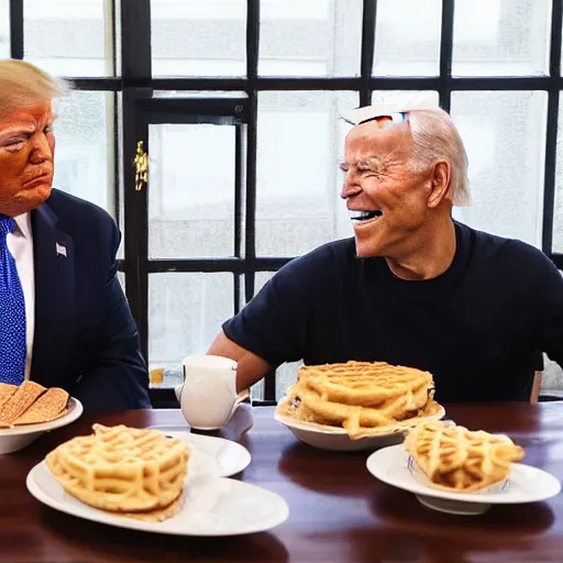 Image similar to photograph of trump and Biden sitting and eating breakfast at a Wafflehouse