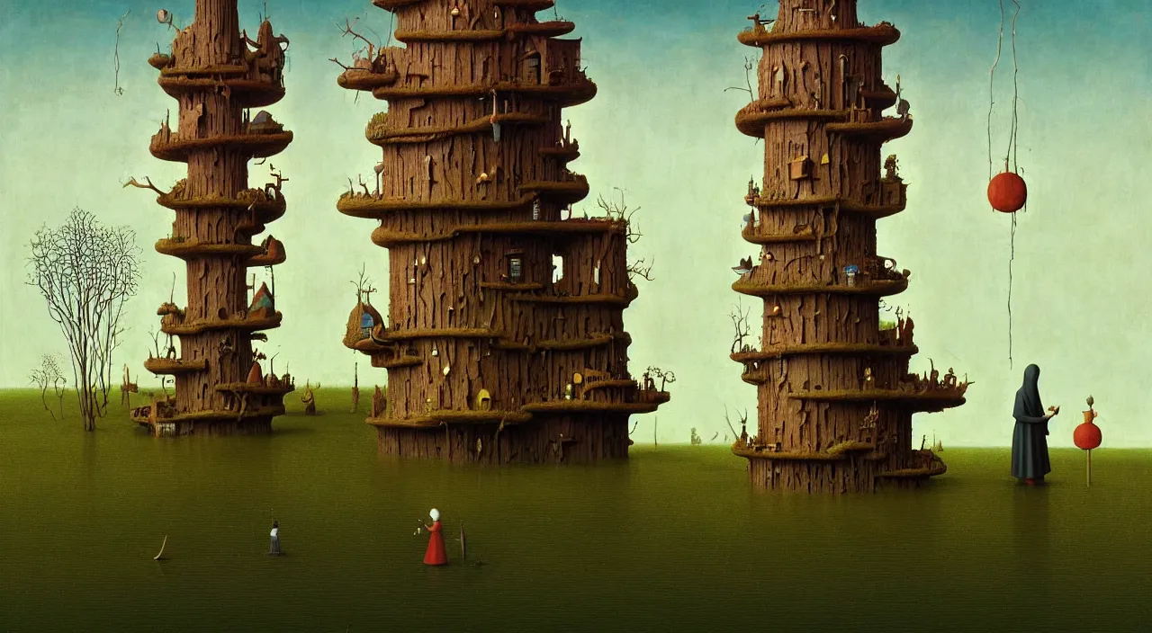 Image similar to single flooded simple fungus wooden tower, very coherent and colorful high contrast ultradetailed photorealistic masterpiece by michael whelan franz sedlacek hieronymus bosch gediminas pranckevicius dean ellis simon stalenhag rene magritte, dark shadows, sunny day, hard lighting