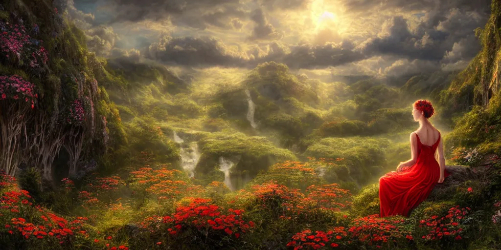 Prompt: an elegant fairy in a red lace dress sitting and looking out at a lord of the rings scenery landscape, vast lush valley flowers and giant mushroom structures, stream, sunrise, god's rays highly detailed, vivid colour, soft clouds, floral sunset, cinematic lighting, perfect composition, 8 k, gustave dore, derek zabrocki, greg rutkowski, belsinski,