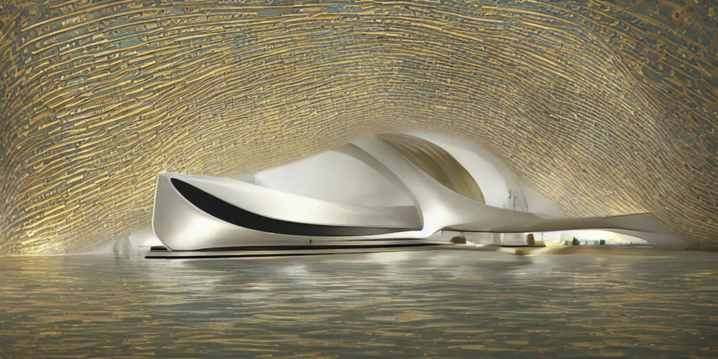 Prompt: mosque floating spaceship by zaha hadid, gold dome fantasy world