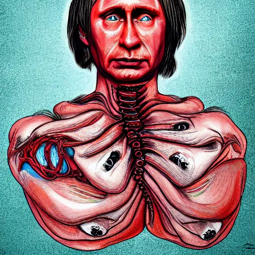 Prompt: bodyhorror portrait of vladimir putin who became a degraded retarded lovecraftian worm, photo - realistic, color image, 2 k, highly detailed