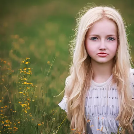 Image similar to young blonde pioneer girl in a meadow, portrait, anime