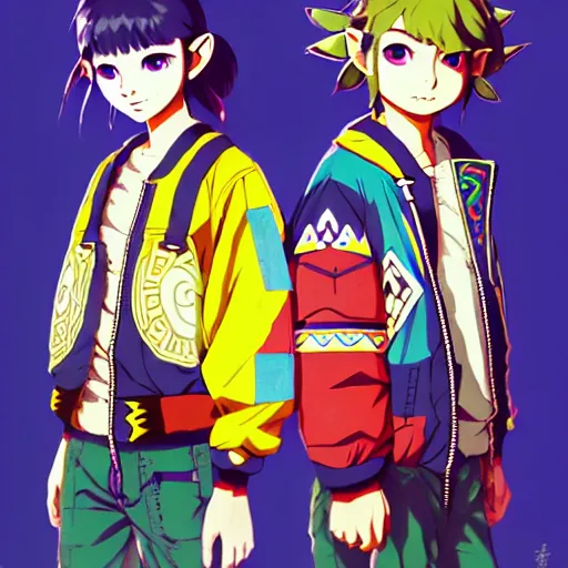 Image similar to majora majora's mask wearing oversized mayan bomber jacket with overalls, bulky poofy bomber jacket with mayan patterns, aztec street fashion, botw art style, gapmoe yandere grimdark, trending on pixiv fanbox, painted by greg rutkowski makoto shinkai takashi takeuchi studio ghibli, akihiko yoshida