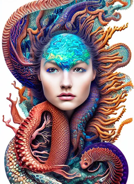 Prompt: ridiculously beautiful young womans face in full color, layers of intricate swirling dimensions, coral, sea dragons, scales, eels, tropical fish, symmetrical, in the style of ernst haeckel, effervescent, sacred geometry, surrealism, photo realistic, epic and cinematic, 3 d, clear, sharp,