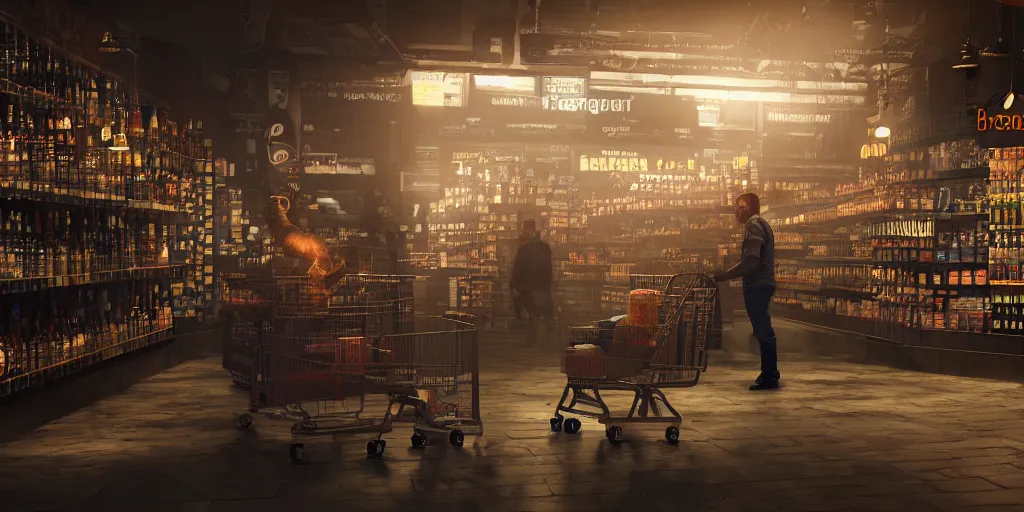 Prompt: a man shopping for beer and diapers, dim volumetric lighting, 8 k octane beautifully detailed render, post - processing, extremely hyper - detailed, intricate, epic composition, calendar says monday, cinematic lighting, masterpiece, trending on artstation, detailed detailed detailed, masterpiece, stunning art, wonderful masterpiece, beautiful cinematic light