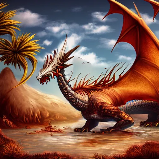 Image similar to a huge dragon stands in a desert drinking river water digital art