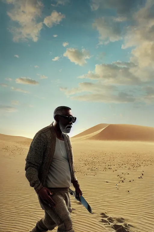 Prompt: detailed intricate digital illustration by greg rutkowski and artgerm and wlop and sanford robinson gifford ; old man wearing yeezy inspired outfit and sunglasses, walking on sand dunes covering an abandoned city ; 1 3 mm film, arri alfa anamorphic lens, golden hour lighting ; sharp focus ; trending on artstation 8 k