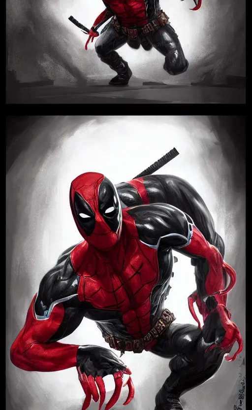 Image similar to venom as deadpool, dynamic lighting, photorealistic fantasy concept art, trending on art station, stunning visuals, terrifying, creative, cinematic