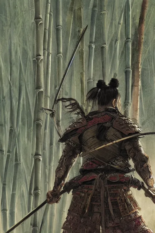 Prompt: close up of samurai warrior in a bamboo forest, by greg rutkowski, intricate details, highly detailed