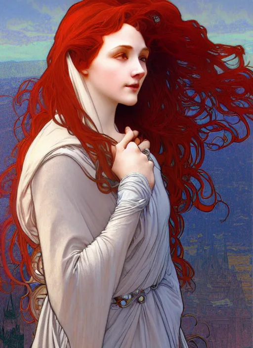 Prompt: beautiful young woman with long red hair watches the sunrise while wearing a grey cloak and hood, path traced, highly detailed, high quality, digital painting, by alphonse mucha, disney