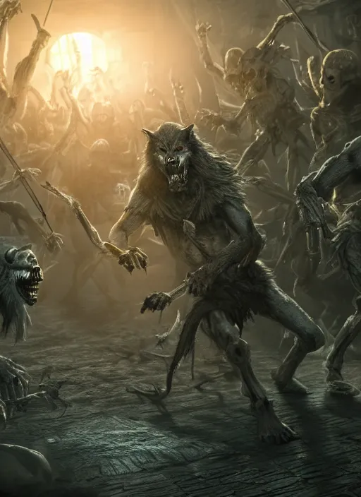 Prompt: werewolf fighting an endless army of skeletons, ultra detailed fantasy, elden ring, realistic, dnd, rpg, game design concept art, behance hd, artstation, deviantart, global illumination radiating a glowing aura global illumination ray tracing hdr render in unreal engine 5