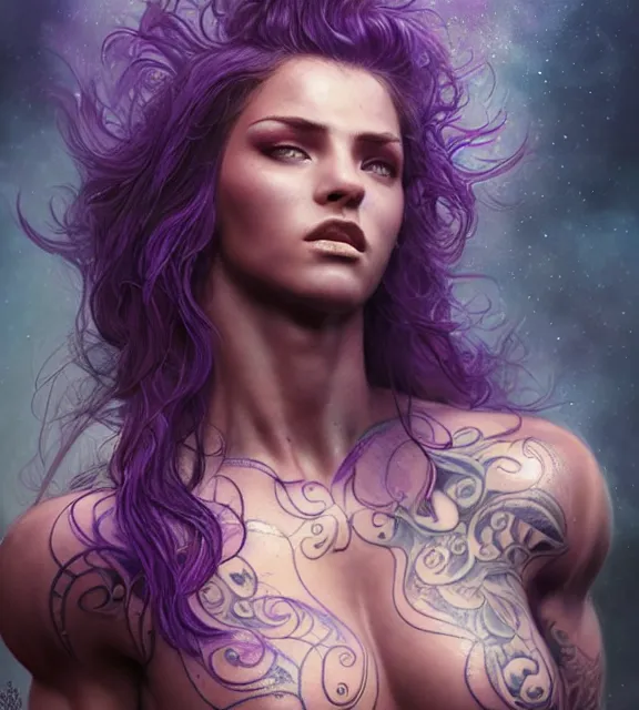 Image similar to muscular female singer, perfect face, intricate tattoos, purple flowing hair, abs, cinematic, blush, stunning, athletic, moist, strong, agile, highly detailed, hard focus, sensual lighting, art by jessica rossier and brian froud