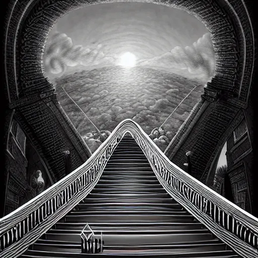 Image similar to A black and white freemasonic chequered surrealist digital painting of a stairway to into the clouds in the art style of jeff koons, Gilbert williams, Edwin Frederic Church and Christopher Balaskas, trending on artstation, 4k UHD