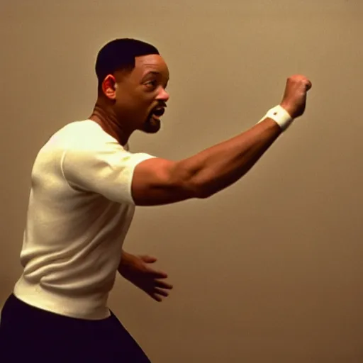 Prompt: will smith slapping a wall. training montage, movie still, cinematic lighting, 3 5 mm film.