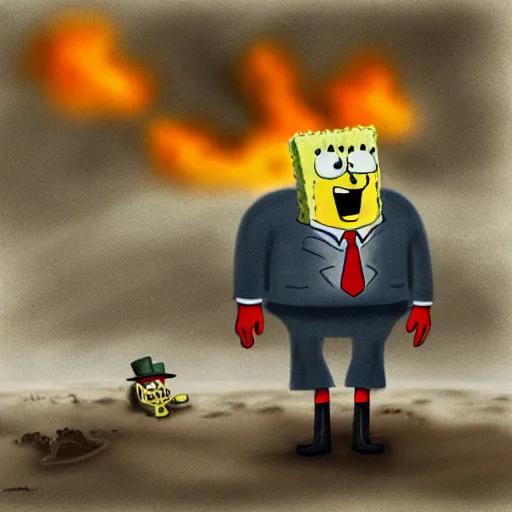 Image similar to a gloomy digital painting of spongebob and patrick standing on beach looking out at explosions, d-day, smoke, fire, detailed, bleak, weary, dark,