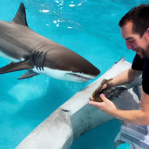 Image similar to a man feeding a shark in a pool