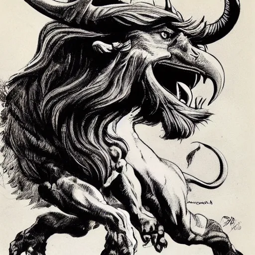 Image similar to a creature with the body and eyes of a man, with the beak of an eagle, the mane of a lion, and the horns of an ox. drawn by frank frazetta