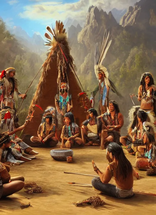 Prompt: a painting of indigenous people sitting in circle and playing shamanic drums , matte painting, highly detailed, fantasy art