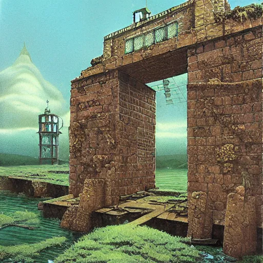 Image similar to pillbox paragonpunk fortress half-sunk in a radioactive Swamp, by Colleen Doran and by Angus McBride and by Ted Nasmith, low angle dimetric rendering, centered, 1-point perspective