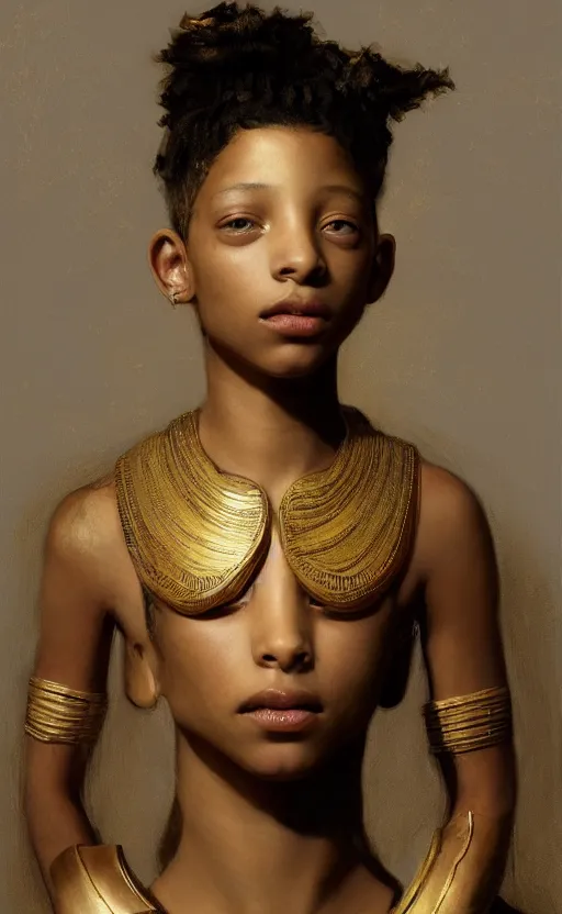 Prompt: portrait willow smith as egyptian, gold, barechest, intricate, elegant, highly detailed, artstation, concept art, sharp focus, ruan jia, jurgens, orientalism, bouguereau