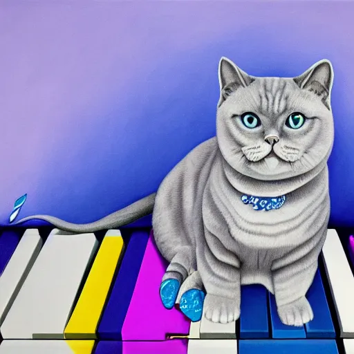 Prompt: portrait of a grey british shorthair cat sitting on wavy piano keyboard with musical notes in the background detailed colorful blue purple cyan luminescent airbrush oil painting in 4 k