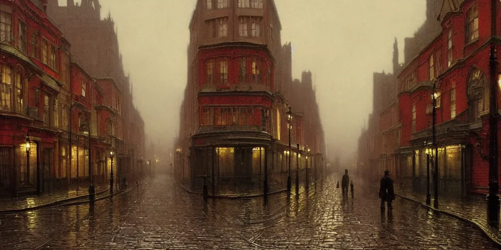 Prompt: Victorian city street on a rainy day in London, evening, low angle view, detailed matte painting, cinematic, John Atkinson Grimshaw, Artstation