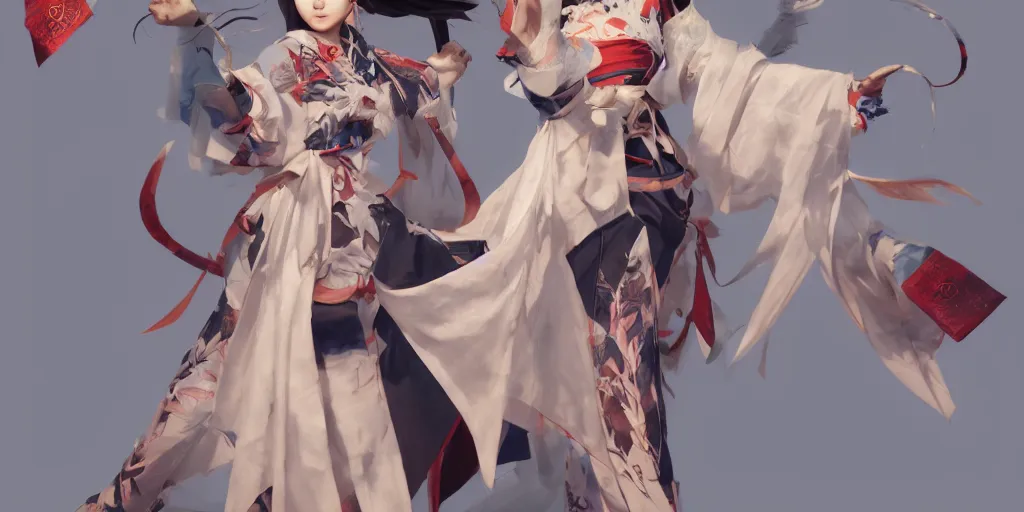 Prompt: japanese onmyoji abe seimeik, new costume concept design, fashion, concept art, by artgerm, greg rutkowski, cinematic light, featured on artstation, octane render, sharp focus, ray tracing, artstationhq, cgsociety, 8 k.