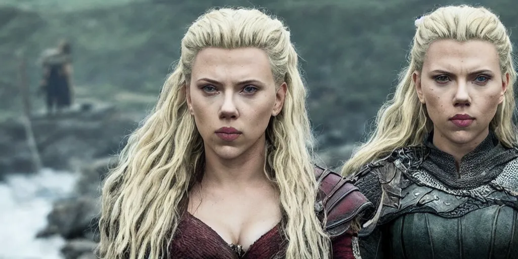 Image similar to Scarlett Johansson playing Lagertha, with a scar and white hair, in the TV series Vikings