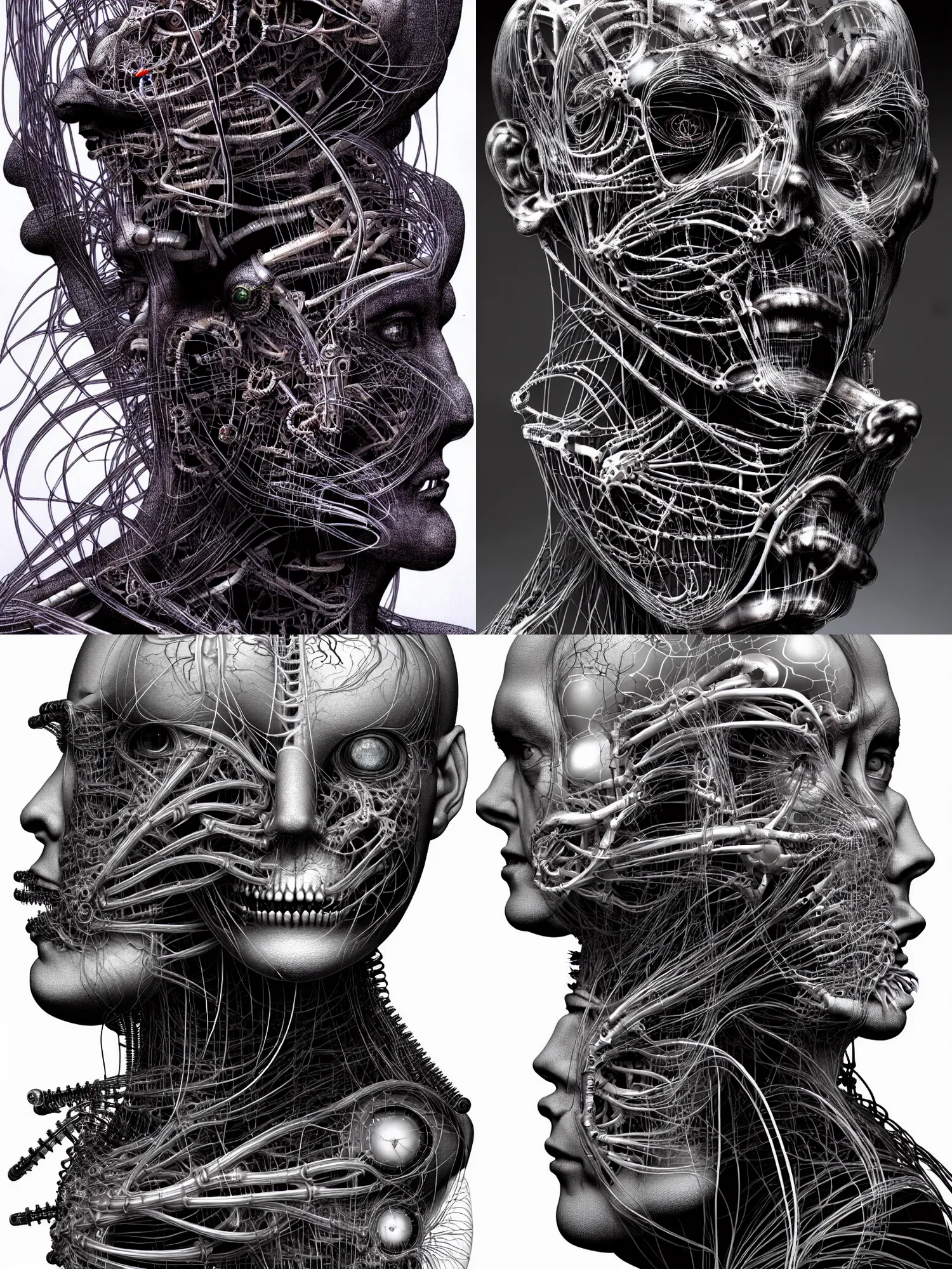 Prompt: portrait of neural nightmares by yoshitaka amano and HR Giger, detailed face face face face, clear visible facial structure, hd, 8k, very very very very electronic, biomechanical, biology, bio, neural machine