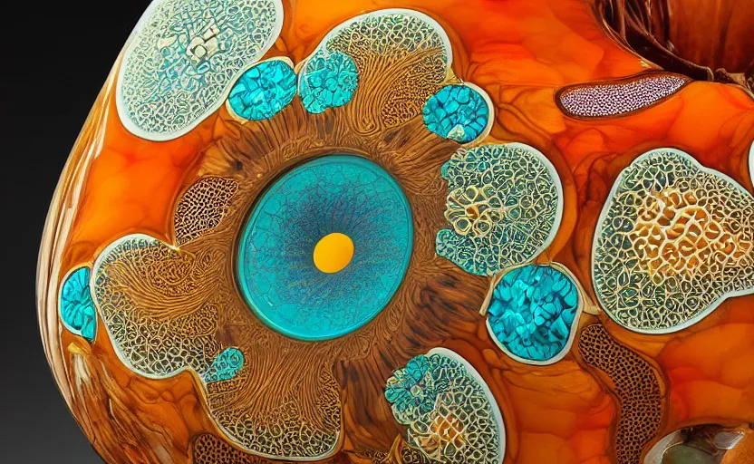 Image similar to Harman Kardon Speaker inspired by Art nouveau , fungi, fractal roots, honey, glaze, orange with teal details, designed by Antoni Gaudí, Sigma 85mm f/8 1/1000 sec shutter, high detail, Sotheby\'s