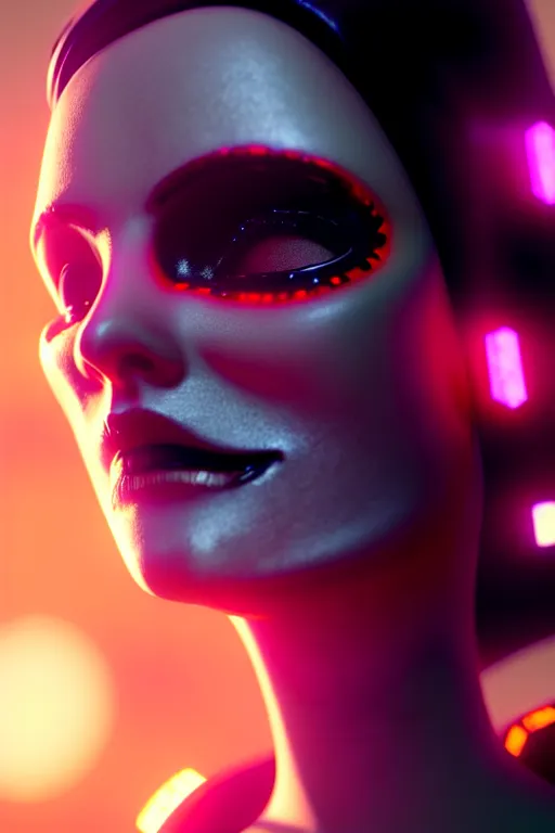 Prompt: beautiful android woman, crying eyes closed!, sharp, photorealistic cinematic, 3 d model, cyborg, postcyberpunk, blade runner, octane render, concept art, vogue, 8 k, intricate detailed environment el dia los muertos.