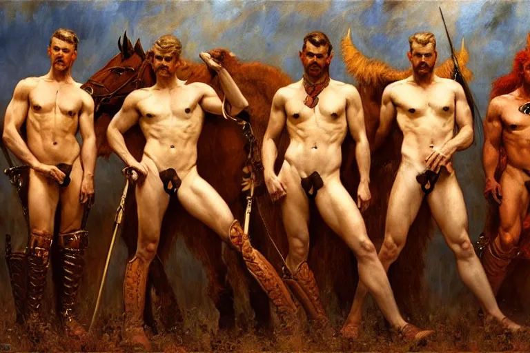 Image similar to the four horsemen of the apocalypse, painting by tom of finland, gaston bussiere, craig mullins, j. c. leyendecker