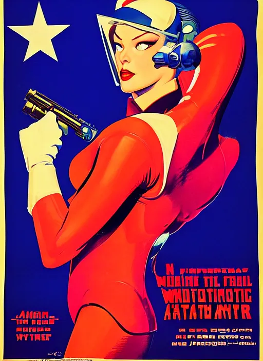 Prompt: american propaganda poster. cyberpunk femme fatale. portrait by jean giraud and anton otto fischer and john philip falter and will eisner and gil elvgren. realistic proportions. tf 2, overwatch.