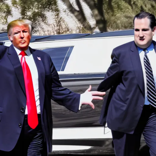 Prompt: Donald Trump driving a hearse with Ted Cruz getting arrested and put in the back