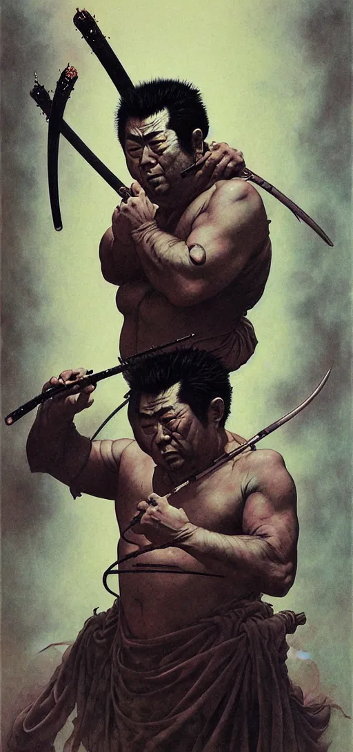 Prompt: portrait of zatoichi in the style of wayne barlowe, gustav moreau, peter mohrbacher, bussiere, roberto ferri, santiago caruso, luis ricardo falero, austin osman spare, boris vallejo, hajime sorayama