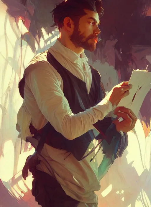 Image similar to a painter with his paintings, digital painting, artstation, concept art, smooth, sharp focus, illustration, art by artgerm and greg rutkowski and alphonse mucha