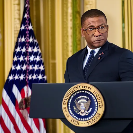 Prompt: president dwayne camacho standing at a podium at the whitehouse press room, portrait photography, 8 k, movie still