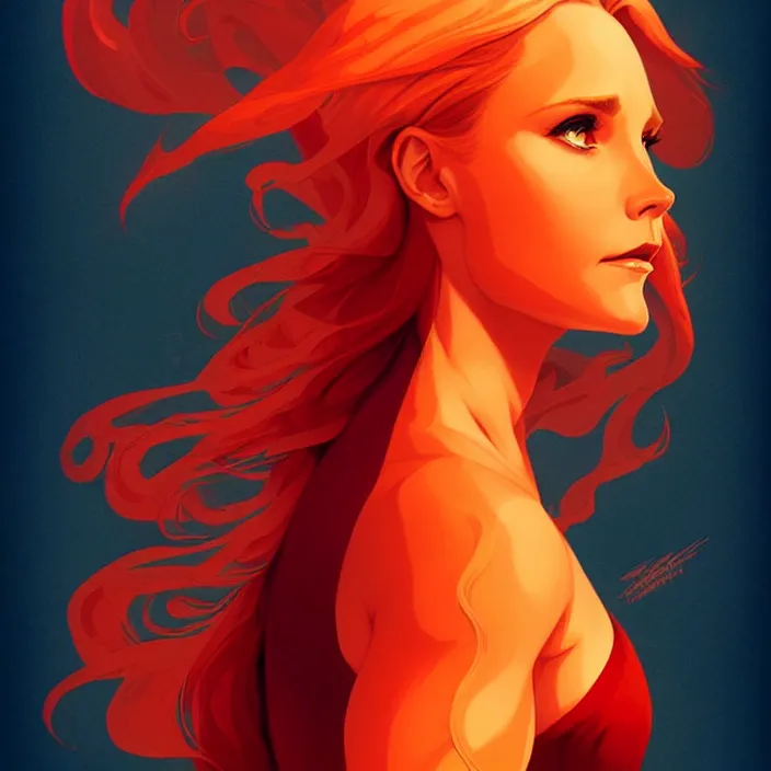 Image similar to style artgerm, joshua middleton, beautiful kristen bell with dark red dress, very long orange hair, symmetrical face, symmetrical eyes, fire powers fire swirling, detailed, volcano setting, cinematic lighting