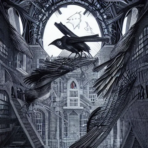 Image similar to crows at a architectural complex with an occult witch by Android Jones and M. C. Escher collaboration, futurist, digital art, dramatic lighting, symbolic